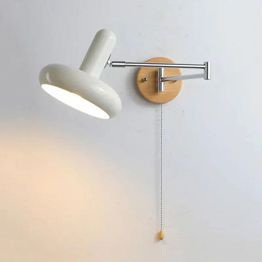Vintage white ceramic wall lamp with wooden base, chrome adjustable cream rocker arm and pull-chain switch by decorbites