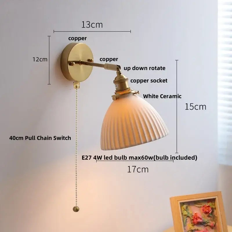 Vintage white ceramic canopy led wall sconce with antique brass finish copper base and fluted ceramic shade by decorbites ceramic canopy