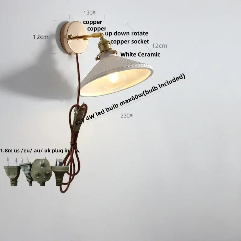 Vintage white ceramic canopy led wall sconce with copper finish and adjustable rotating socket for bedroom decorbites ceramic canopy