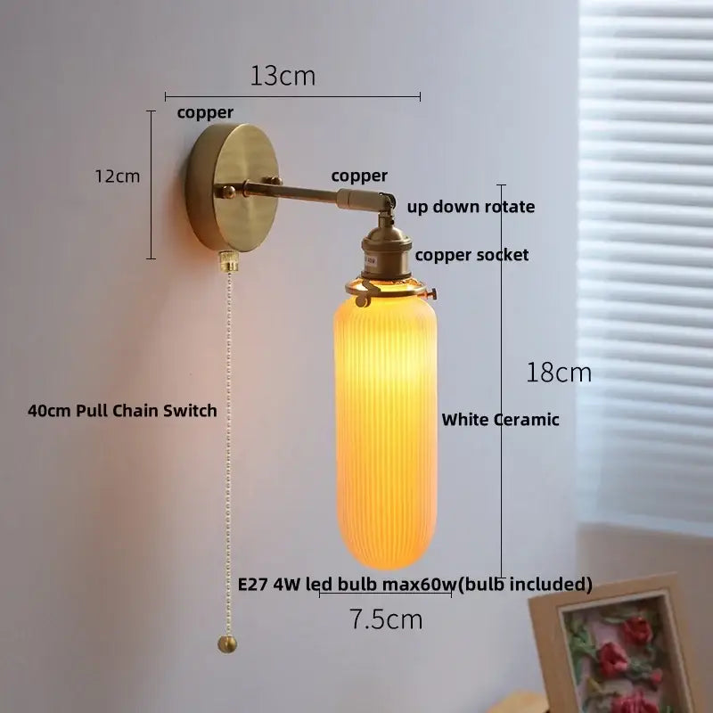Vintage white ceramic canopy led wall sconce with copper finish ribbed shade and adjustable arm for bedroom decorbites ceramic canopy