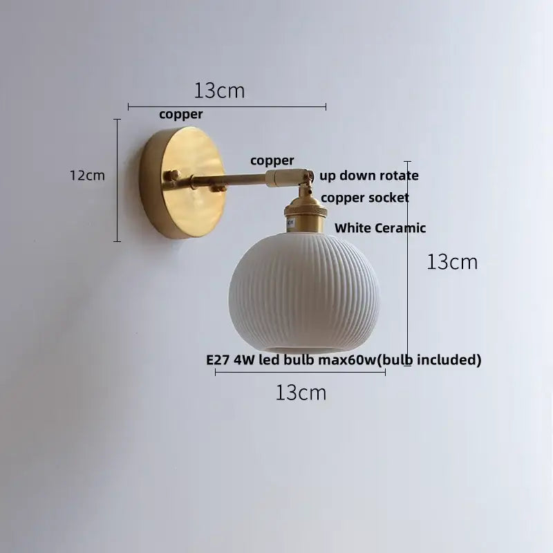 Vintage white ceramic canopy led wall sconce with ribbed globe and brass copper arm for bedroom decorbites ceramic canopy