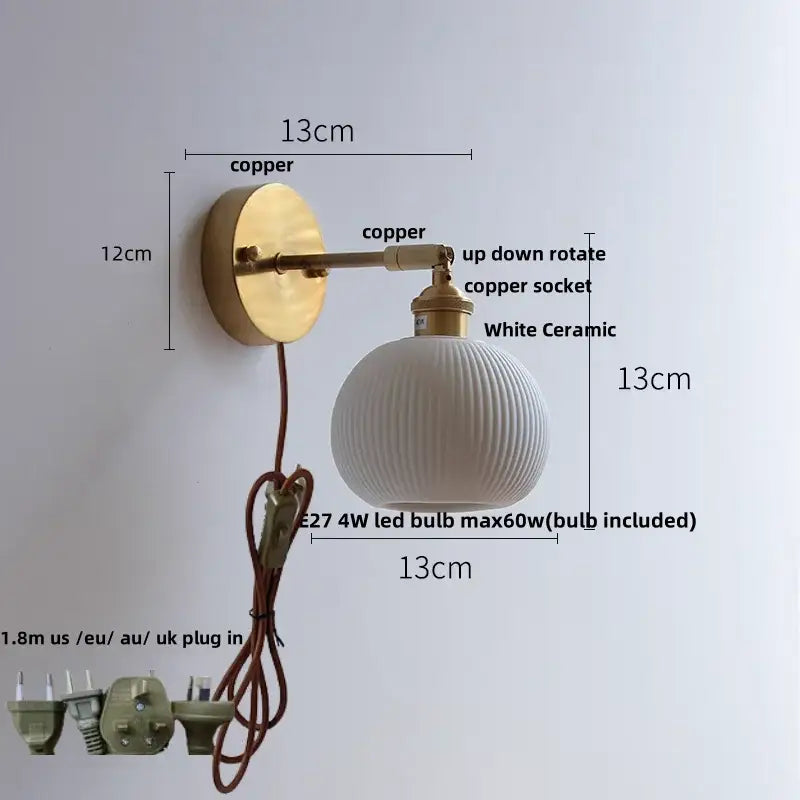 A vintage white ceramic canopy led wall sconce with sleek copper finish and vertical ridged globe by decorbites ceramic canopy