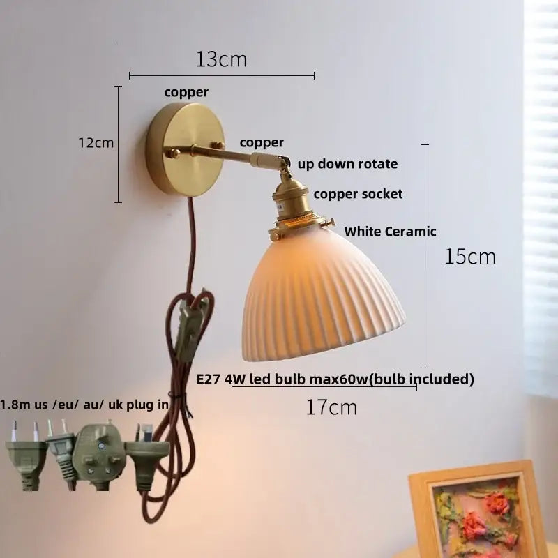 Vintage white ceramic canopy led wall sconce with brass copper-finished arm and decorbites ceramic canopy lampshade
