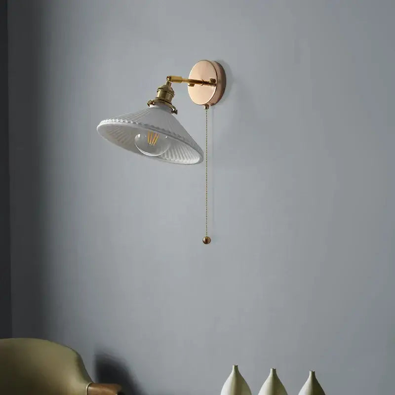 Vintage white ceramic canopy led wall sconce with brass hardware for bedroom decorbites ceramic canopy light