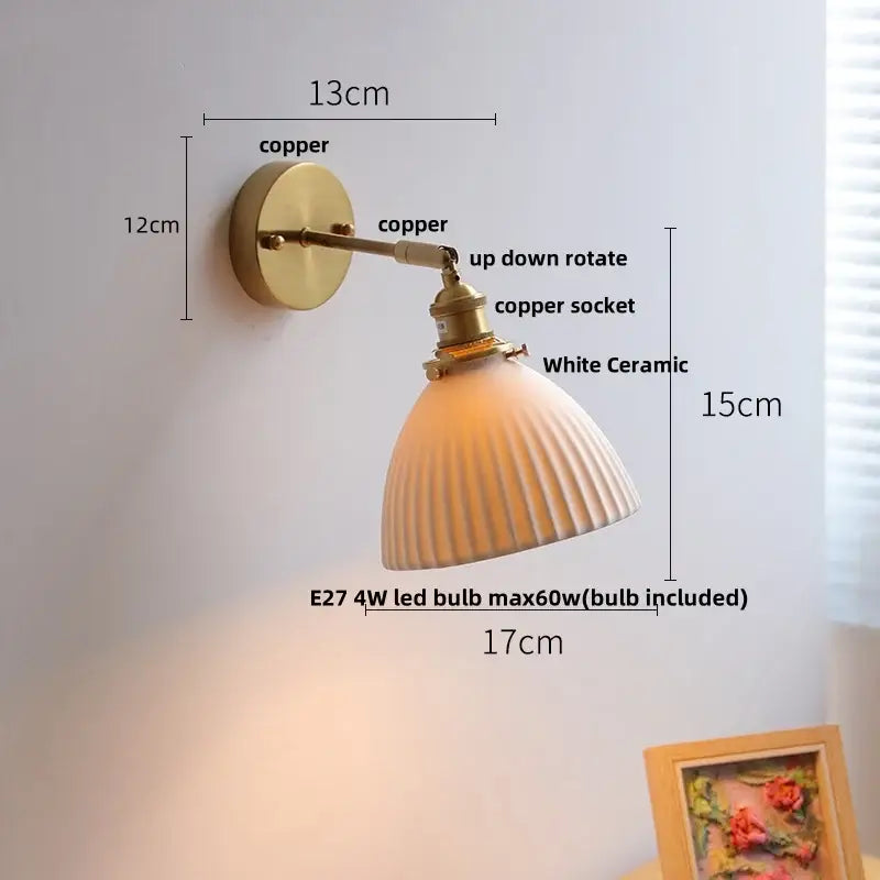 Vintage white ceramic canopy led wall sconce with brass copper finish arm and ridged ceramic canopy for bedroom decorbites lighting