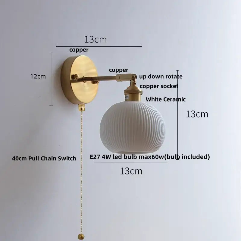 Vintage white ceramic canopy led wall sconce with polished copper arm and ridged globe lampshade for bedroom decorbites ceramic canopy