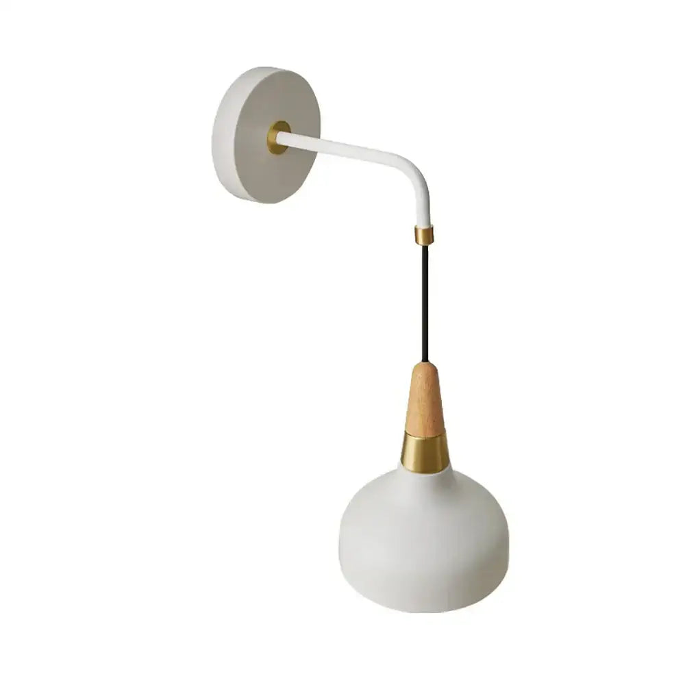 Vintage white ceramic wall lamp with wood accent featuring a white matte wall sconce and brass details for bedroom use