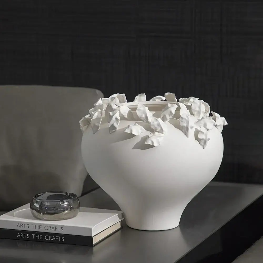 Vintage white embossed flower porcelain vase with embossed flower leaf-like sculpted rim for living room decorbites decor