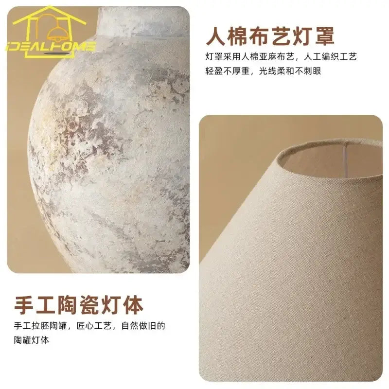 Handcrafted vintage white and gray ceramic led table lamp with rustic finish and beige cotton-linen shade for decorbites decor