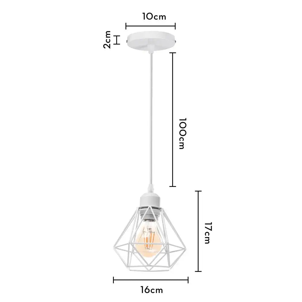 Vintage white metal dome shade loft pendant light featuring a white geometric wireframe cage and exposed filament bulb