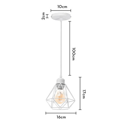 Vintage white metal dome shade loft pendant light featuring a white geometric wireframe cage and exposed filament bulb