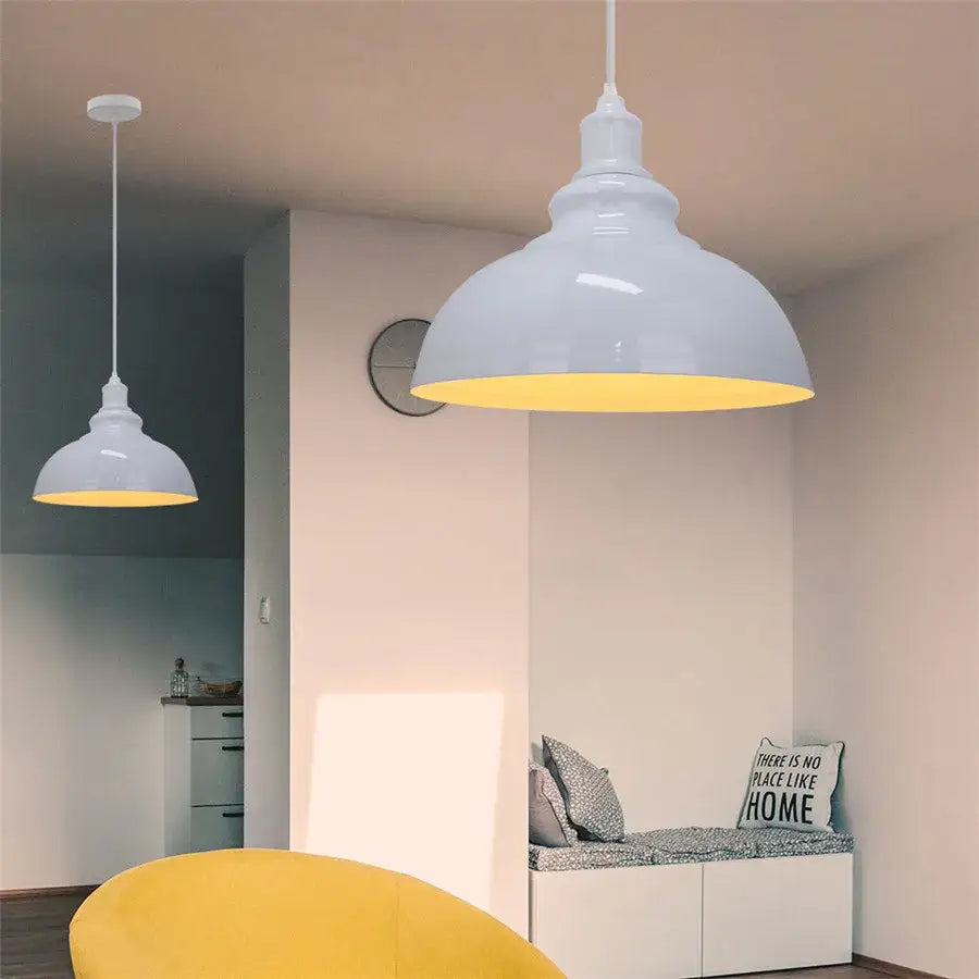 Vintage white metal dome shade loft pendant light with glossy finish and warm yellow interior by decorbites dome shade