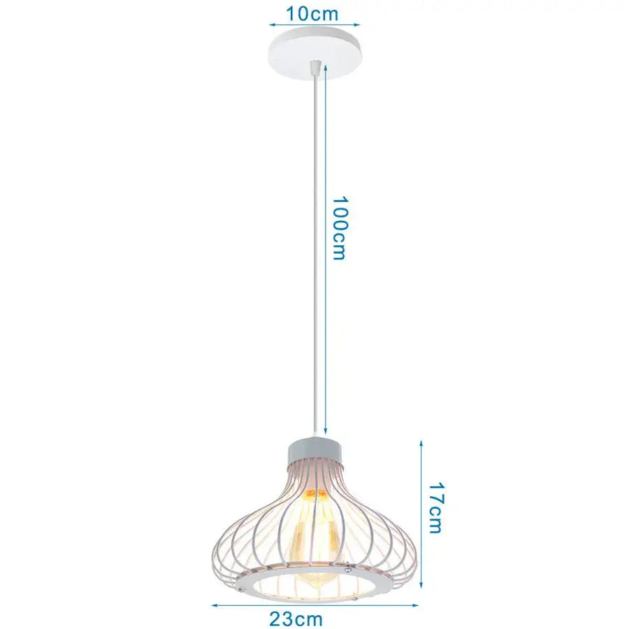 Vintage white metal dome shade loft pendant light with warm glow featuring white wire cage decorbites dome shade