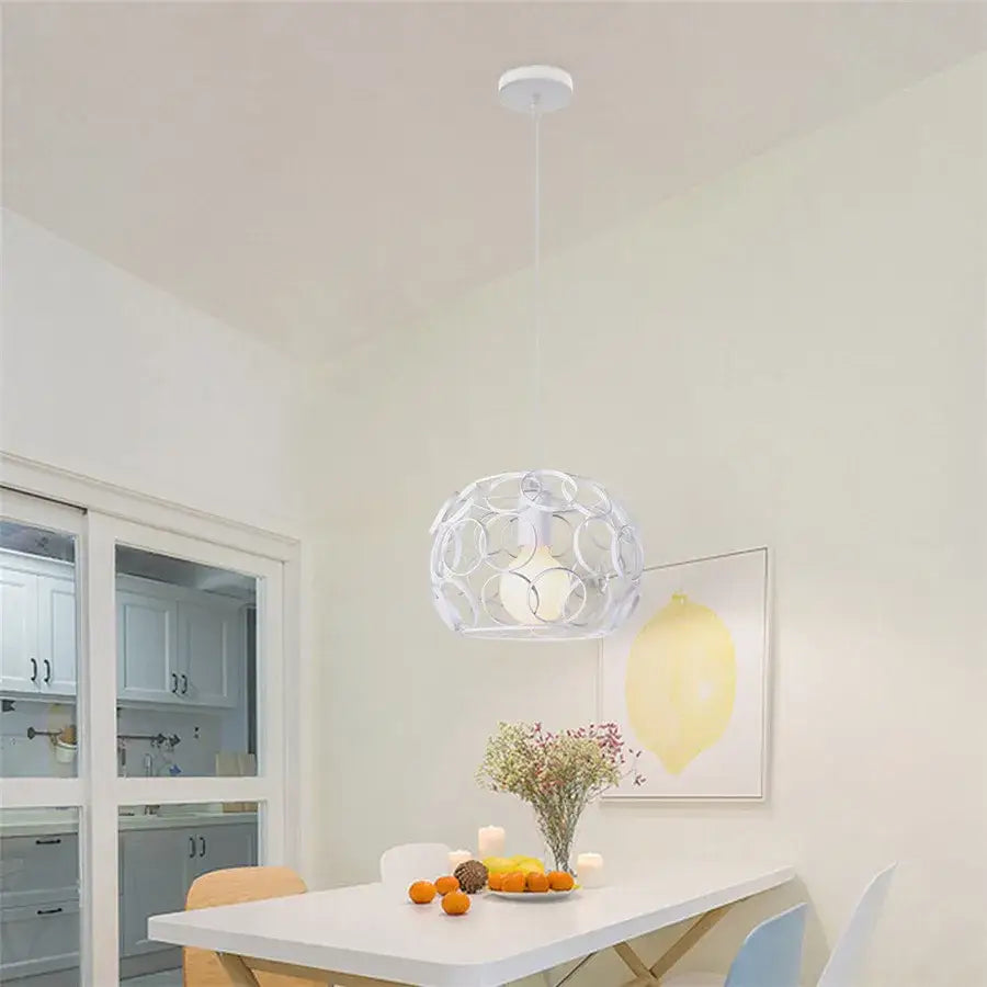 Vintage white metal dome shade loft pendant light featuring a white spherical openwork design for dining room decorbites dome shade