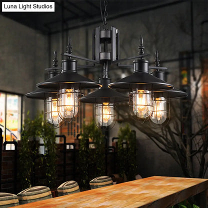 Vintage Wide Flared Pendant Chandelier with 6 Heads and Clear Glass Shade - Black Metal Caged Drop Light