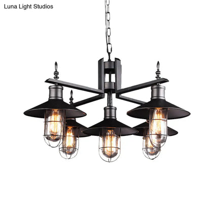 Vintage Wide Flared Pendant Chandelier with 6 Heads and Clear Glass Shade - Black Metal Caged Drop Light