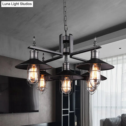 Vintage Wide Flared Pendant Chandelier with 6 Heads and Clear Glass Shade - Black Metal Caged Drop Light