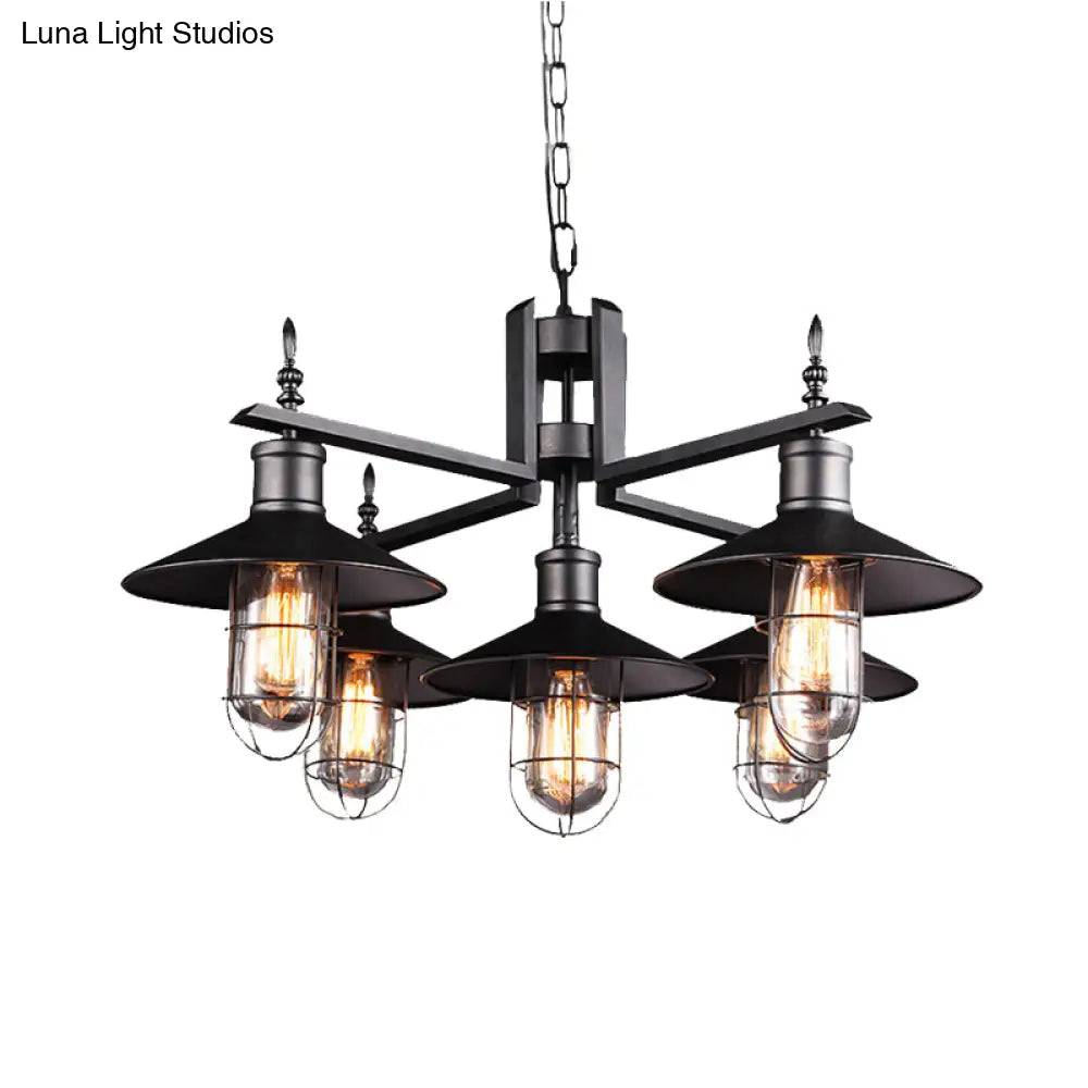 Vintage Wide Flared Pendant Chandelier with 6 Heads and Clear Glass Shade - Black Metal Caged Drop Light