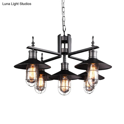 Vintage Wide Flared Pendant Chandelier with 6 Heads and Clear Glass Shade - Black Metal Caged Drop Light