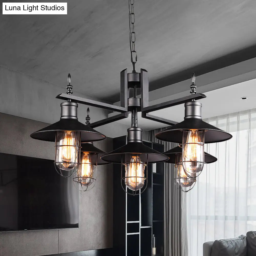 Vintage Wide Flared Pendant Chandelier with 6 Heads and Clear Glass Shade - Black Metal Caged Drop Light