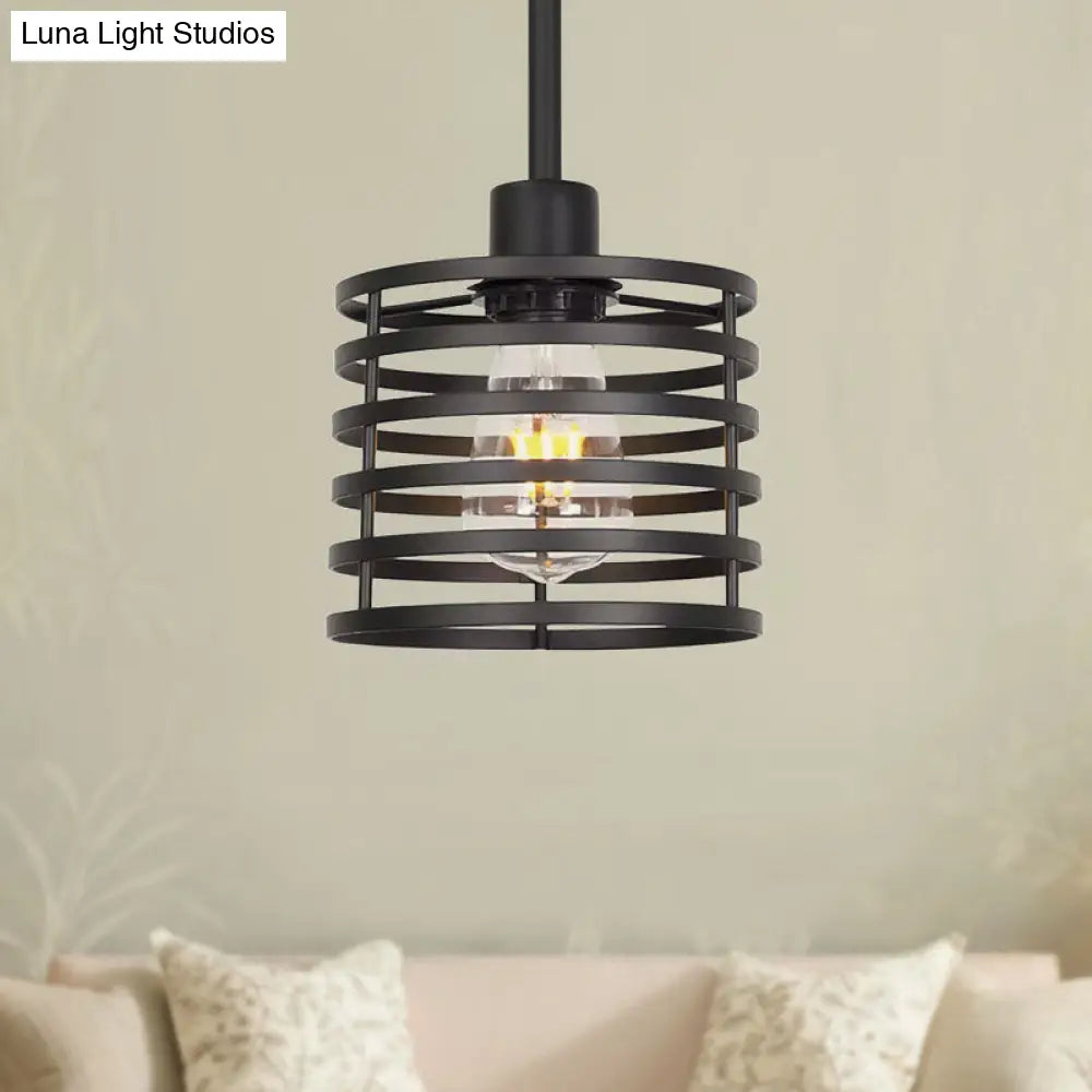 Vintage Wire Cage Hanging Lamp: Metallic Pendant Light with Cylindrical Black/Brass Shade