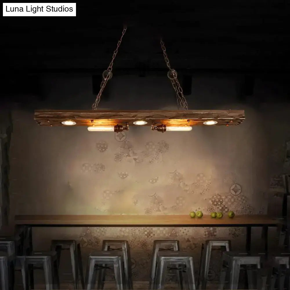 Vintage wood 2-light rectangle ceiling pendant light with industrial wooden frame, copper fittings, and edison bulbs suspended by chains