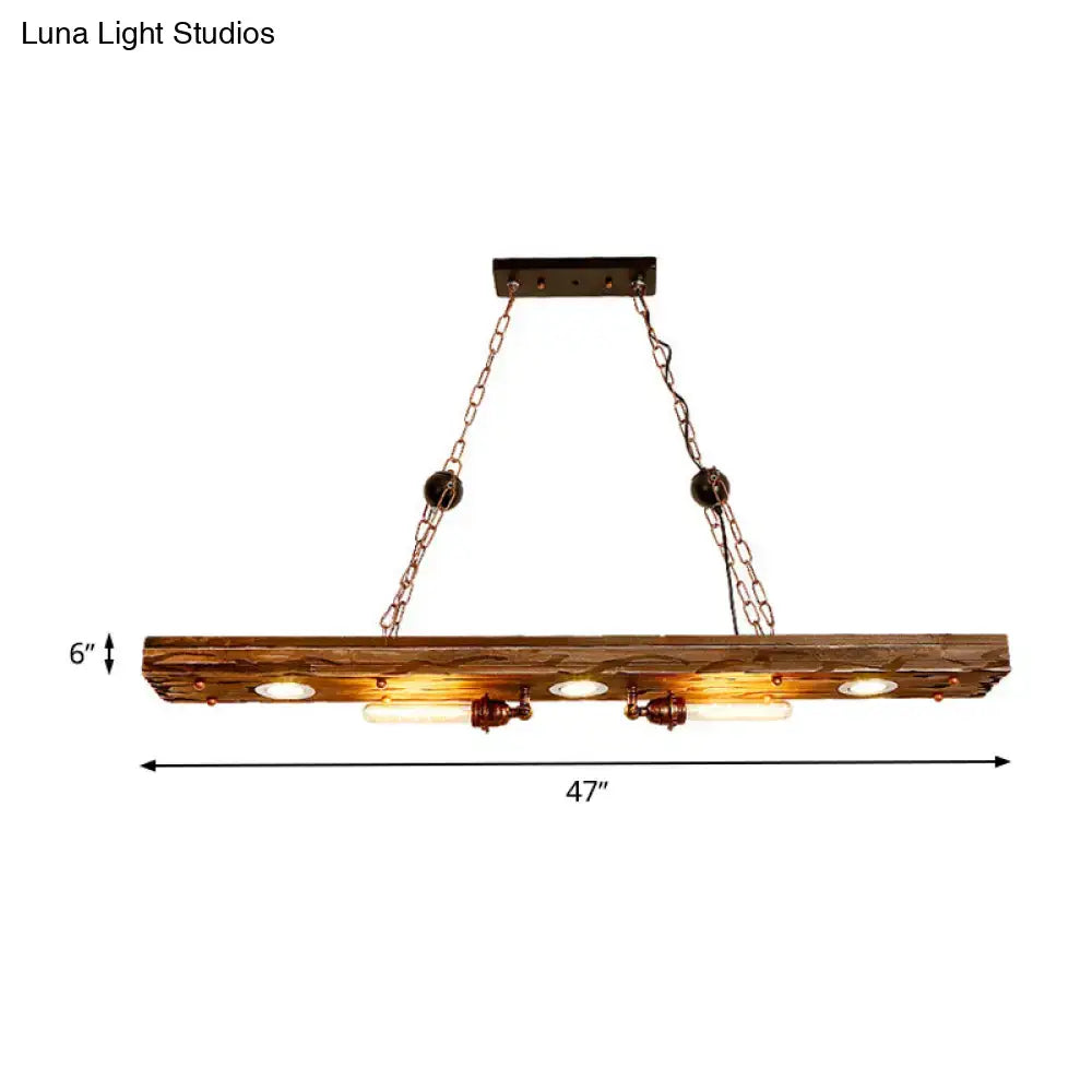 Rustic wooden ceiling pendant light with four exposed edison bulbs and bronze chains for dining room use
