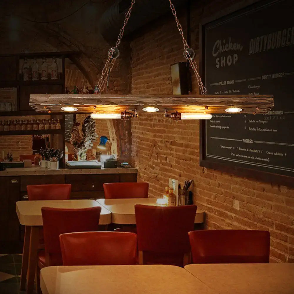 Vintage wood 2-light rectangle ceiling pendant light with rustic wooden frame, exposed bulbs, and metal chains for dining room