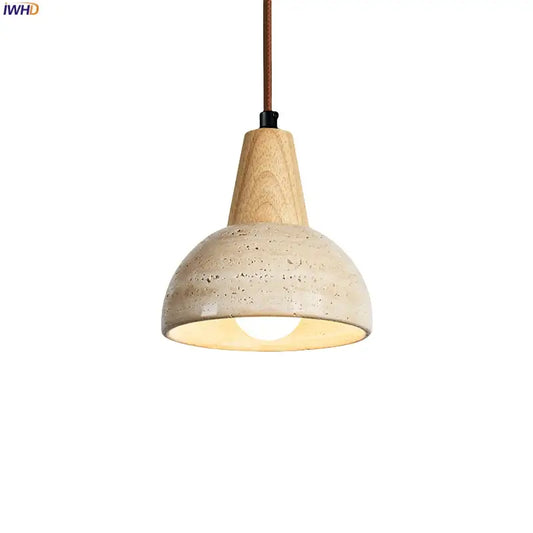 Vintage wood and concrete led pendant light with speckled beige shade and brown fabric cord for kitchen dining room