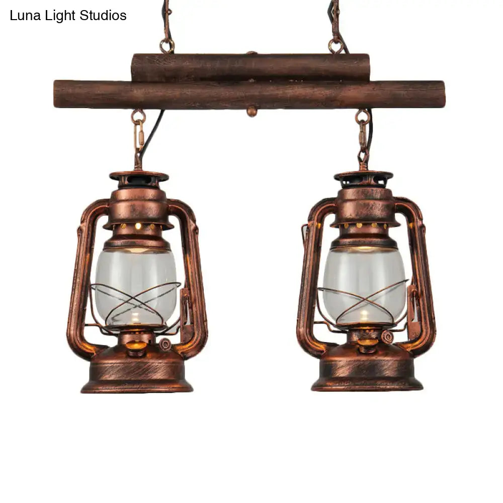 DecorBites copper lantern island light with clear glass globes and rustic wooden beam for kitchen hanging fixture