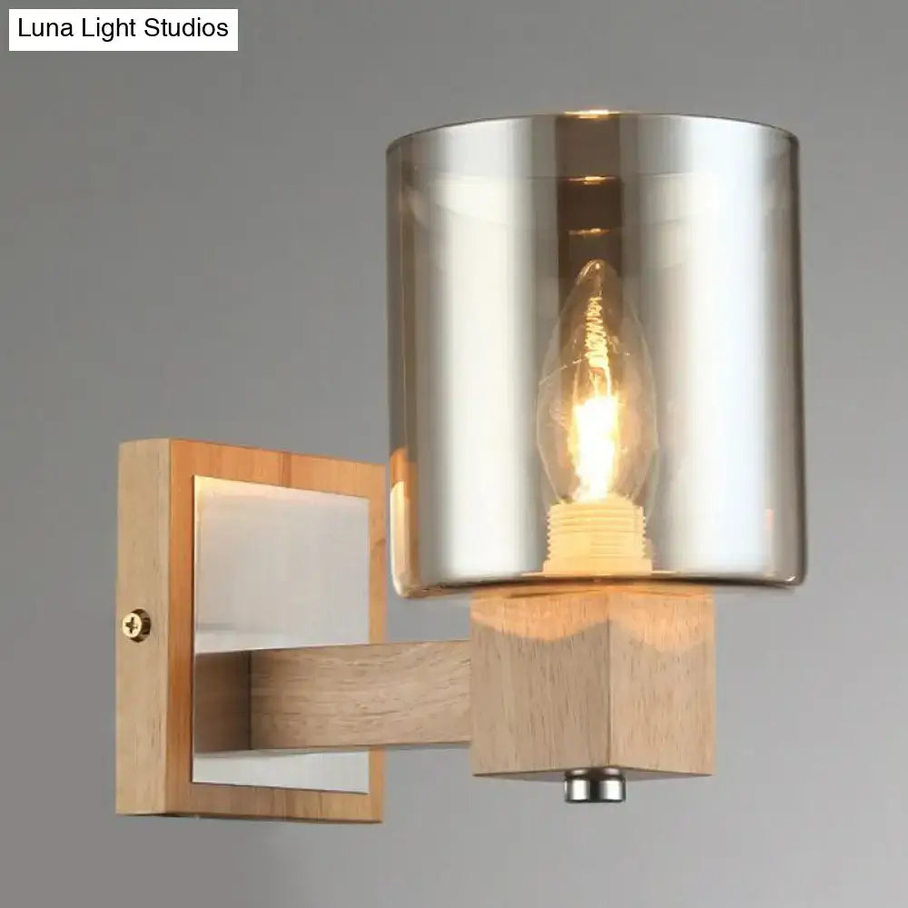 Vintage wood and smoke glass shade wall lamp with cylindrical glass shade and wood wall mount for bedroom sconce