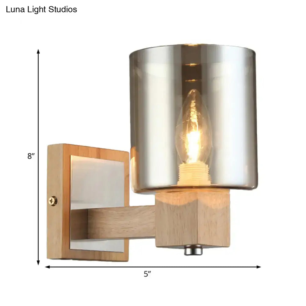 Vintage wood wall lamp with a smoke glass shade and brushed silver glass shade wall mount for bedroom sconce lighting