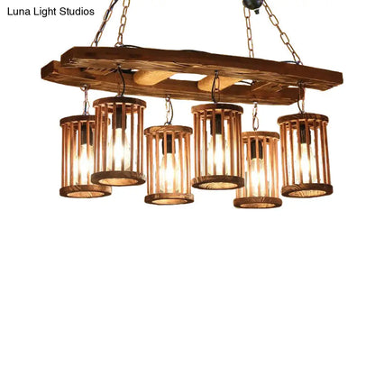 Vintage Wood & Black 6-Light Cylinder Chandelier for Dining Room Pendant Lighting