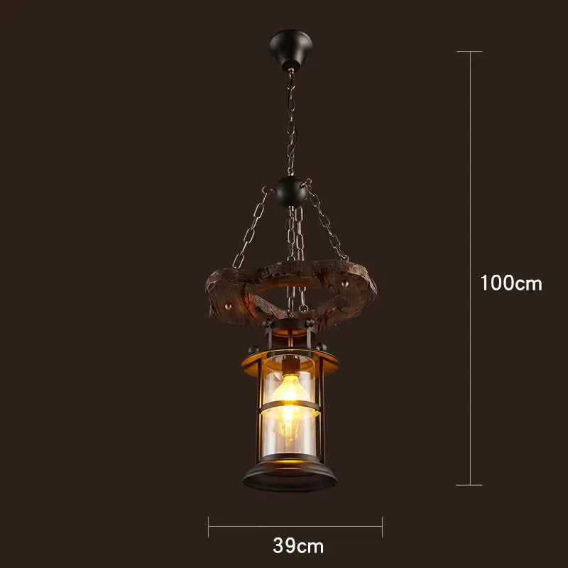 Rustic industrial vintage wood ceiling chandelier with dark metal frame glass panels and ornate wooden ring top pendant light