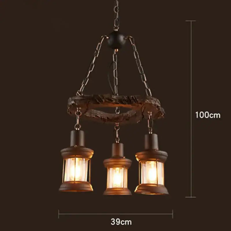 Rustic vintage wood ceiling chandelier with three lantern-style lights in wood finish for dining room lighting