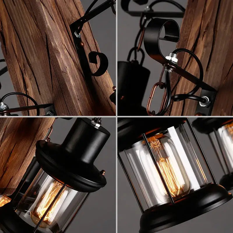 Black metal lantern-style wall sconce with glass enclosure and exposed filament bulb for vintage wood ceiling decor