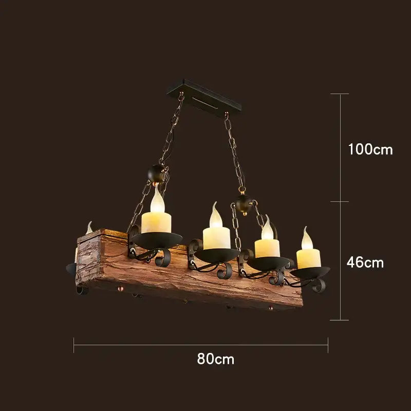 Rustic vintage wood ceiling chandelier with four black wrought iron candle holders and warm LED candles for dining rooms