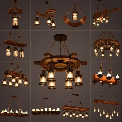 Rustic vintage wood ceiling chandelier with lantern-style bulbs and metal accents for dining room lighting