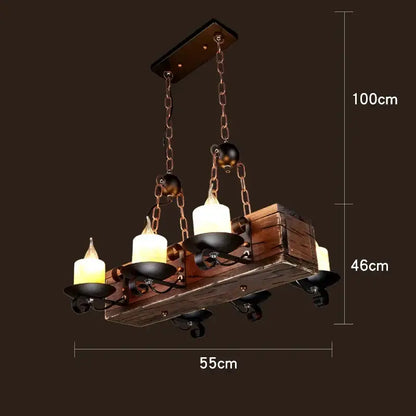 Rustic vintage wood ceiling chandelier with black metal candle holders and copper chains for dining room lighting