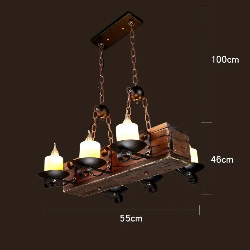 Rustic vintage wood ceiling chandelier with black metal candle holders and copper chains for dining room lighting