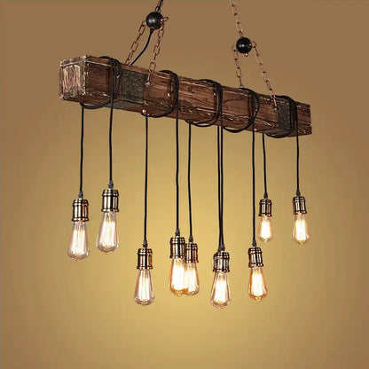 Rustic vintage wood ceiling chandelier with wooden beams and exposed edison bulbs hanging from black chains