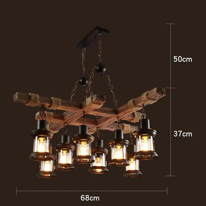 Rustic vintage wood ceiling chandelier with eight lantern-style lights black metal accents and rope detailing for dining room