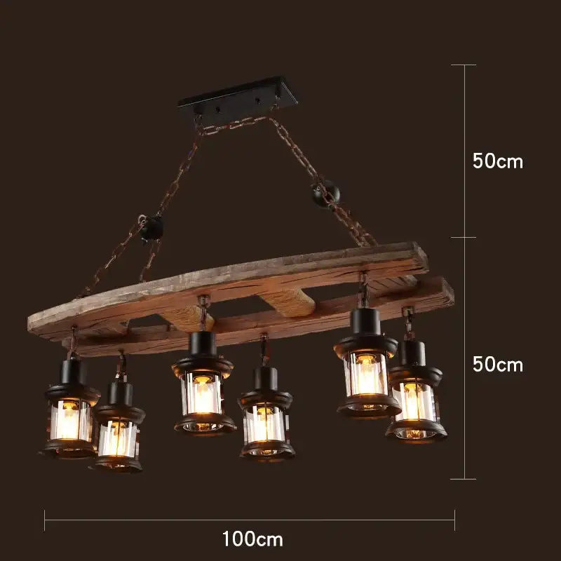Vintage wood ceiling chandelier featuring rustic wooden planks and five black metal lanterns with glass shades