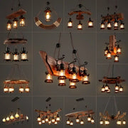 Vintage wood ceiling chandelier with rustic wooden frame, metal accents, and multiple lantern-style bulbs for dining room