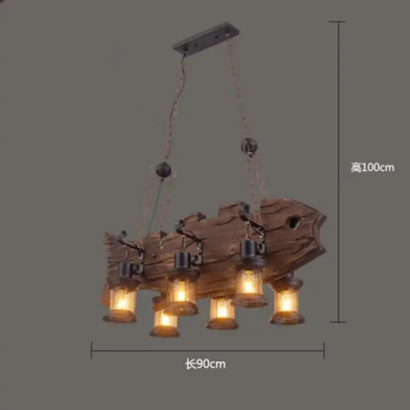 Rustic vintage wood ceiling chandelier featuring a wooden ship wheel design with five lantern-style lights and dark metal accents