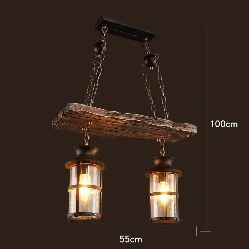 Rustic vintage wood ceiling chandelier with wooden beam, two lantern-style bulbs, and black metal chains for dining room
