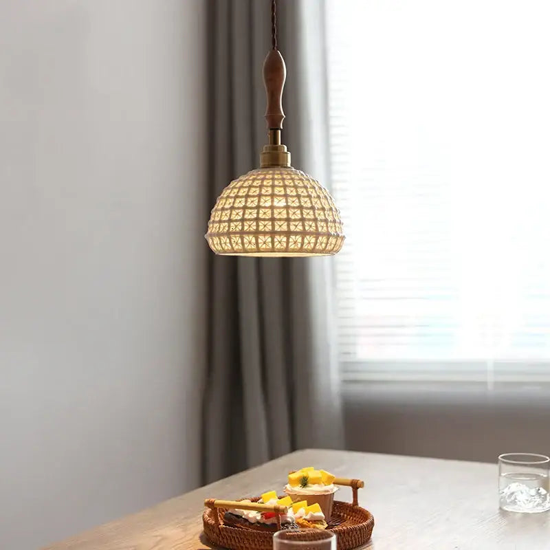 Warm-toned vintage woven rattan ceramic led pendant light with wooden handle for dining room decorbites ceramic led pendant