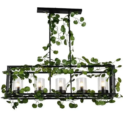 Black metal rectangular bird cage chandelier with five clear glass candle holders and green ivy decorbites bird cage design