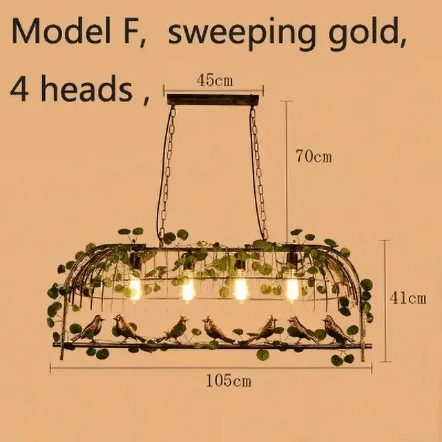 Sweeping gold pendant bird cage chandelier with four heads wrought iron frame adorned with greenery and bird figurines