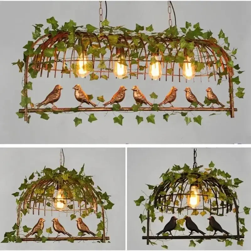 Vintage wrought iron bird cage chandelier with copper tones and bronze birds decorated with artificial green ivy for living room decorbites bird cage